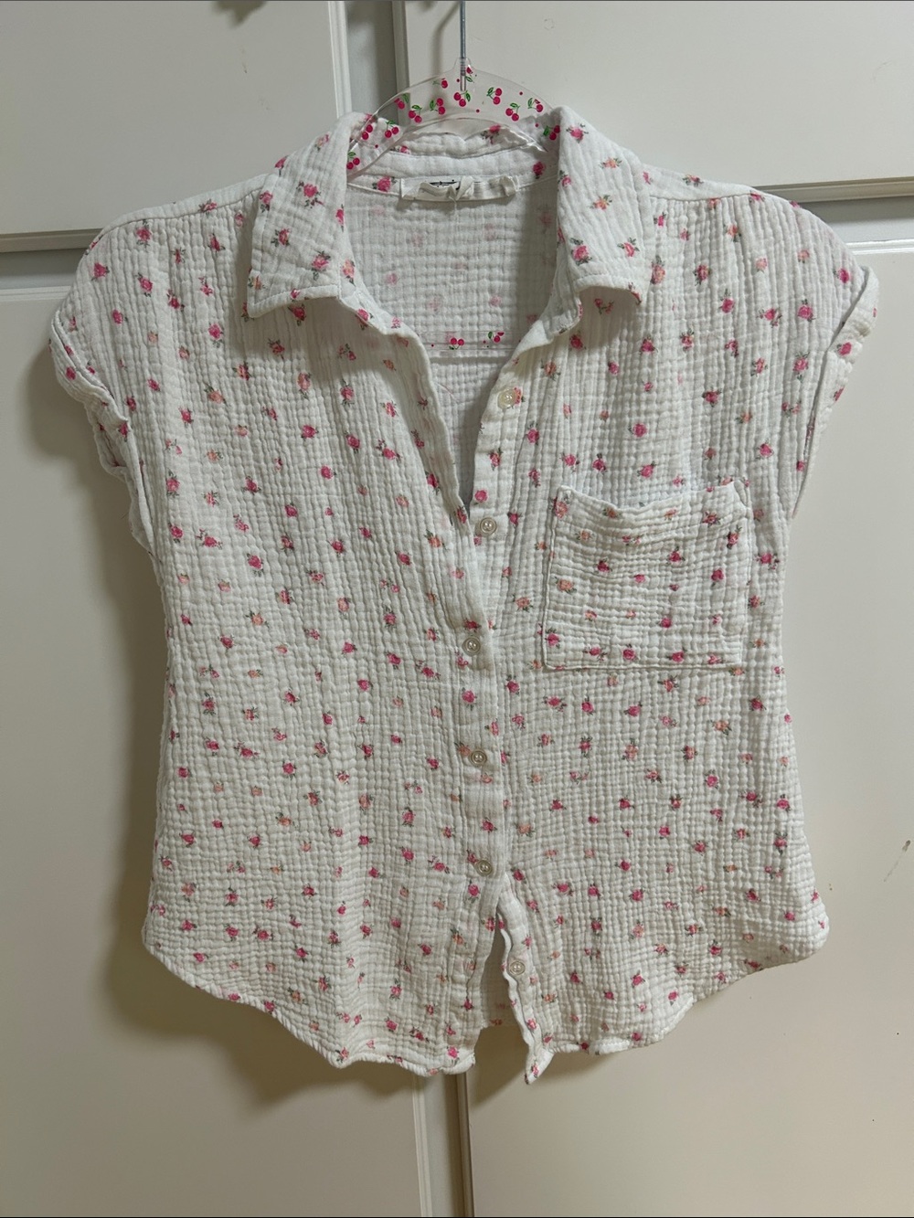 Hippie Rose White Gauze Button-Down Top with Pink Floral Dots XS